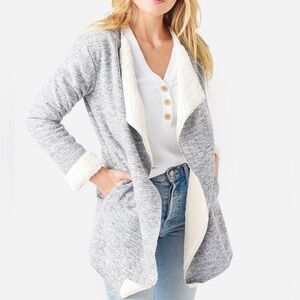 UGG Abriana Shawl Sweater Cardigan Soft Fleece Open Front Gray & Cream Sz Large